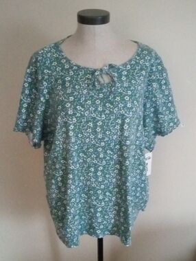 Route 66 Teal Green Floral Tie-Neck Short Sleeve Blouse